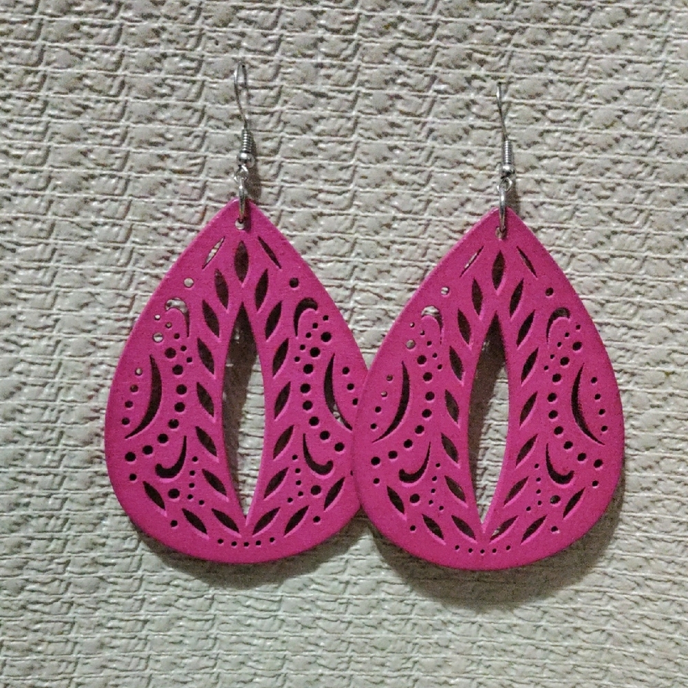 Large Bohemian Pink Wood Teardrop Earrings with Intricate Cut-Out Design